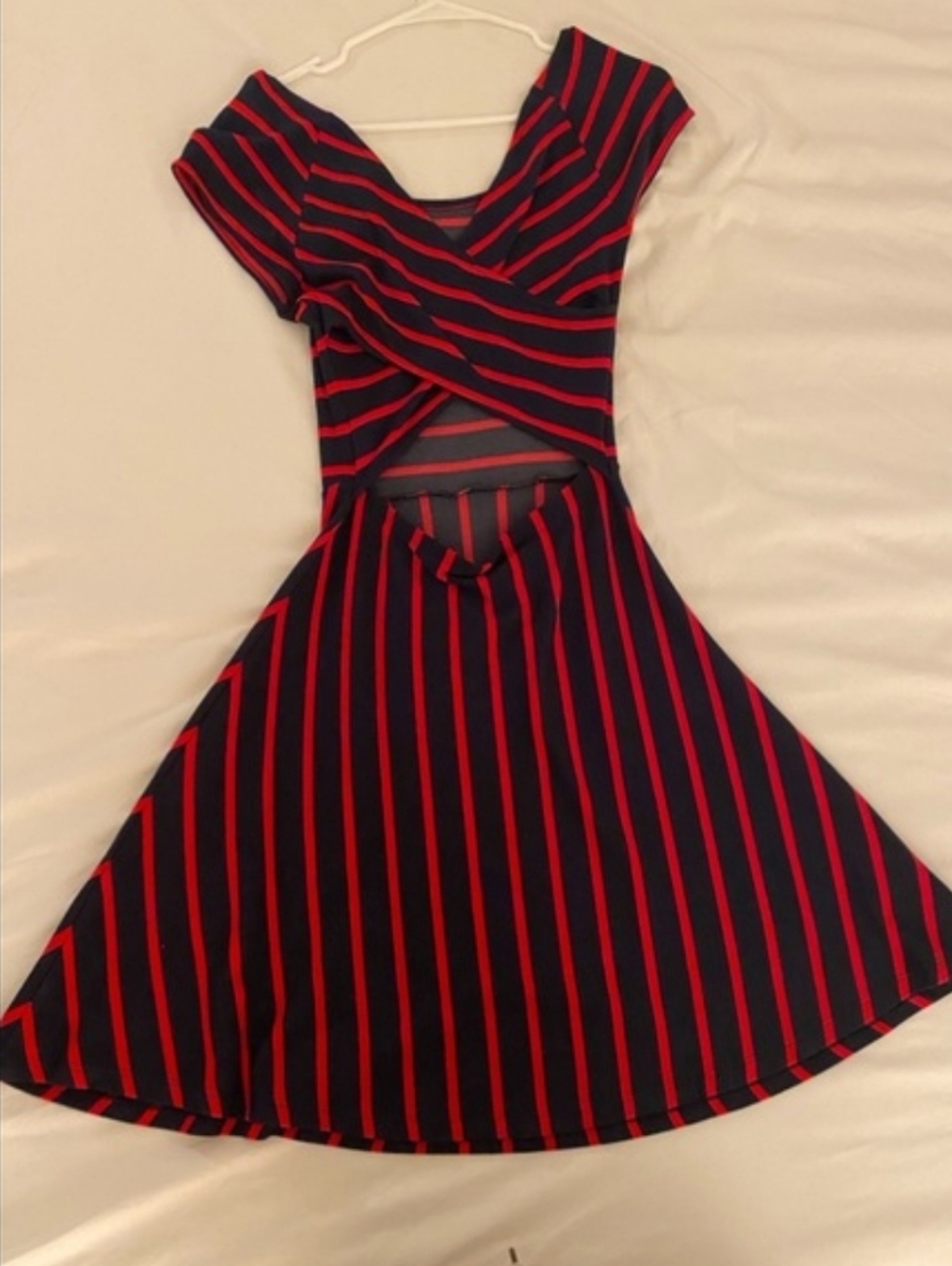 Market & Spruce Striped Knit Dress Navy Red Fit & Flare Open Back Stretch Large - Picture 4 of 8
